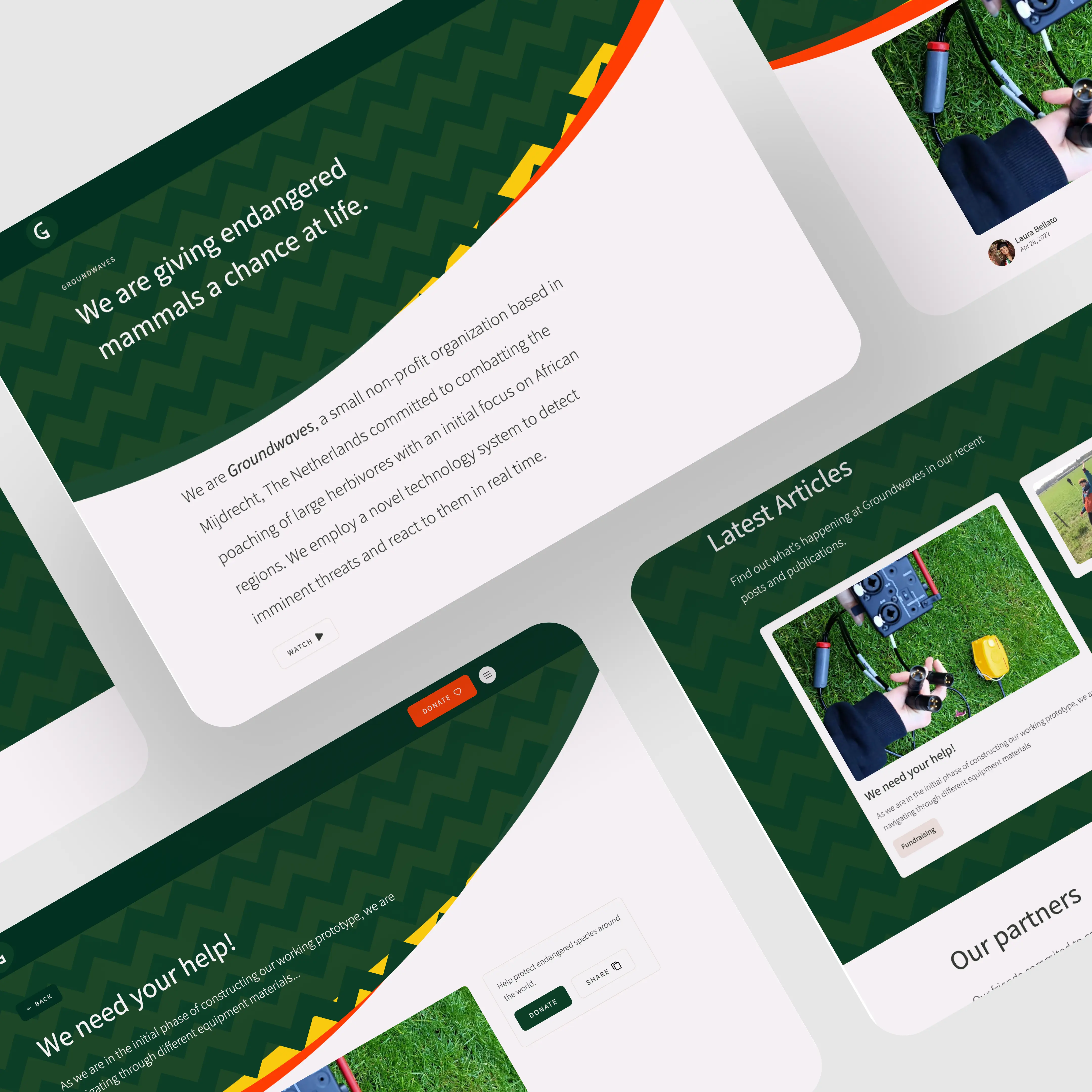 Screenshots of a project, Groundwaves, an online platform for an anti-poaching charity